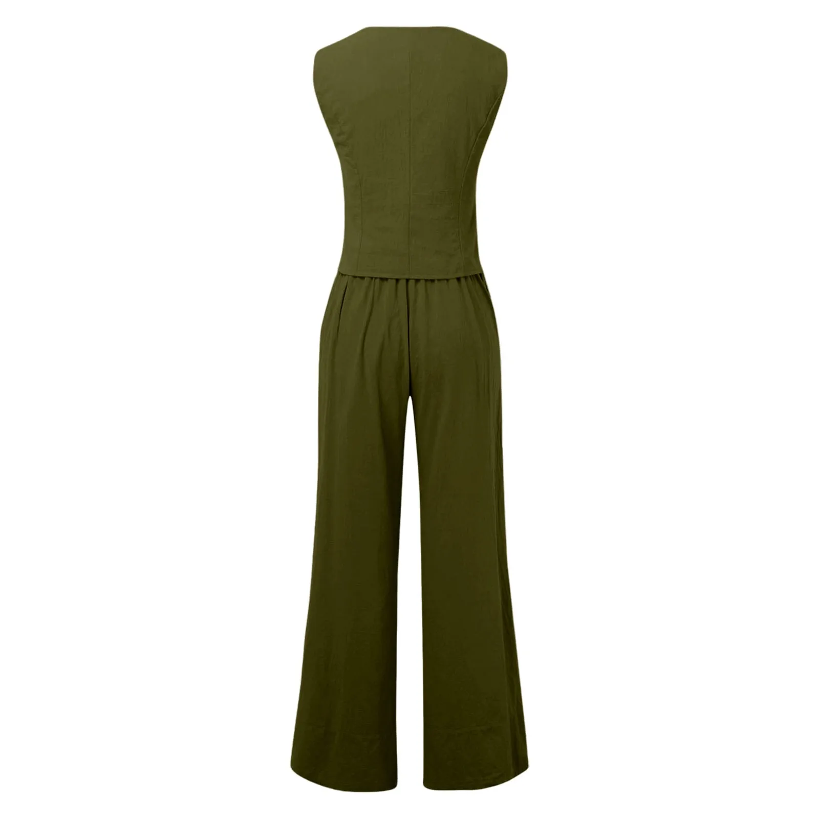 Two-piece Set New in Fashionable Solid Color V-neck Button Sleeveless Vest Tops Commuter Wide Leg Pants Women 2-piece Set 2024