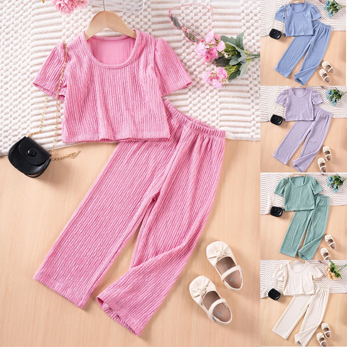 Girls Short Sleeve Set Summer Solid Color Kids Clothing Wave Stripes Two Piece Round Neck Top + Long Pants Cool and Comfortable