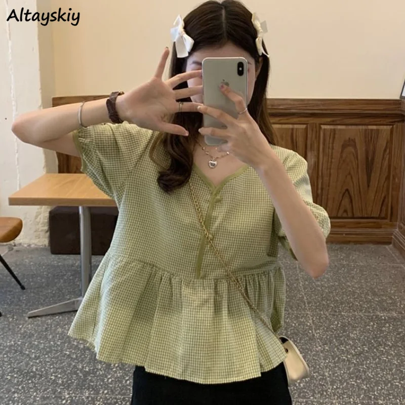 Women Short Sleeve Blouses V-neck Fashionable Plaid Loose Korean Style Cozy S-3XL Students Summer Tops Designer All-match Ins