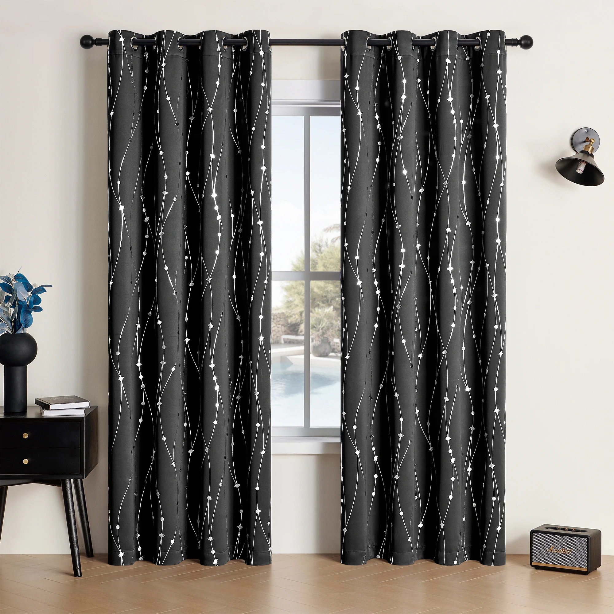 

Pack Of 2 Sliver Print Blackout Curtains Blackout Window Curtains For Living Room, Window Treatment With Wave Lines Dots And Pla