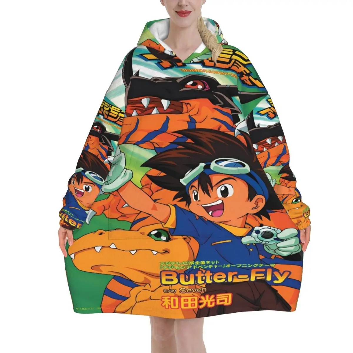 Digital Monster Digimon Wearable Deken Hoodie voor Dames Heren Oversized Sweatshirt Deken met Zak