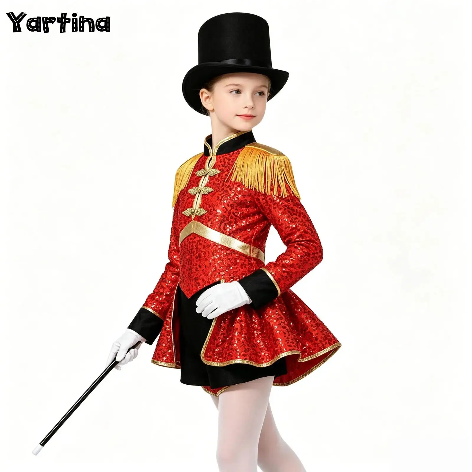 

Kids Girl Circus Ringmaster Lion Tamer Cosplay Costumes Magician Marching Band Drummer Uniform Shiny Sequins Puffy Leotard Dress
