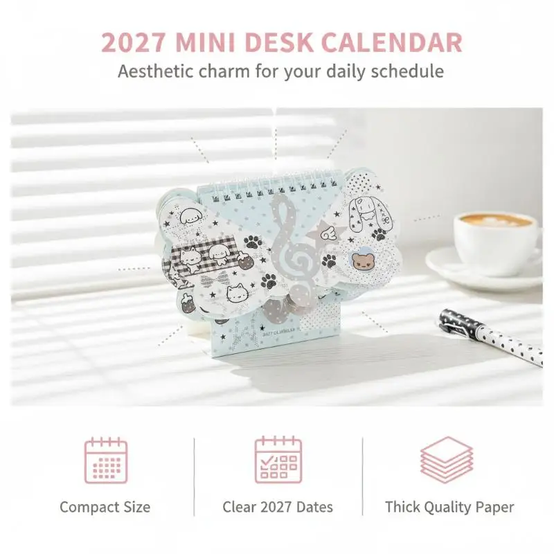 Spiral Bound Paper Table Calendar Cute Angel Wing Pattern Mini Desktop Planner for Student Study Plan Note Taking
