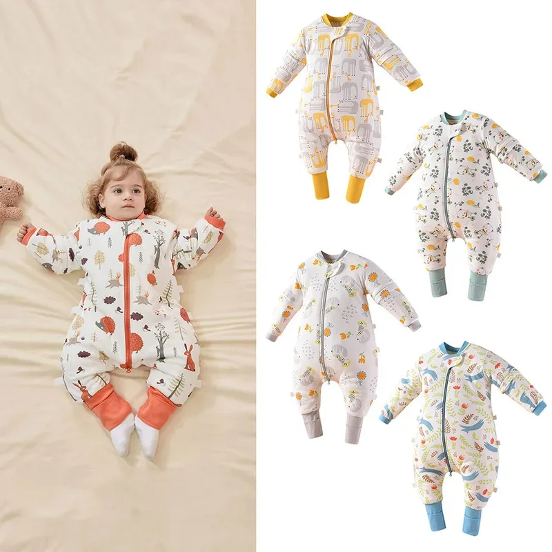 

Kids Cartoon Print Prevent Kicking Cotton Pajamas Toddler Three Thickness Options Boys Girls Autumn Winter Long Sleeved Bodysuit