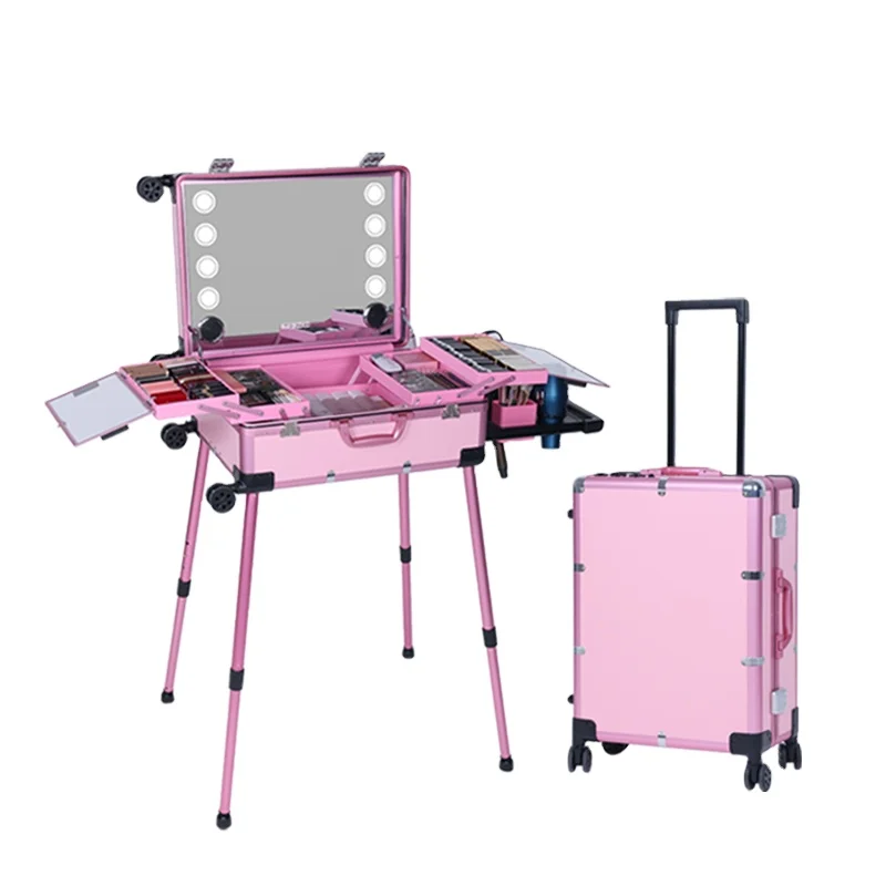 -New Trolley Make Up Case Professional Cosmetic Organizer Vanity Station With Led Lights Wheels And Stands Travel Table & Mirror