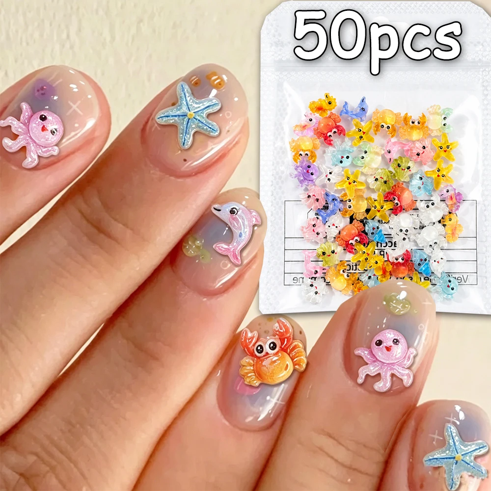 

50pcs Mixed Cute Ocean Resin Nail Charms 3D Cartoon Colorful Dolphin/Starfish/Crab/Shell Nail Decorations Summer Marine NailPart