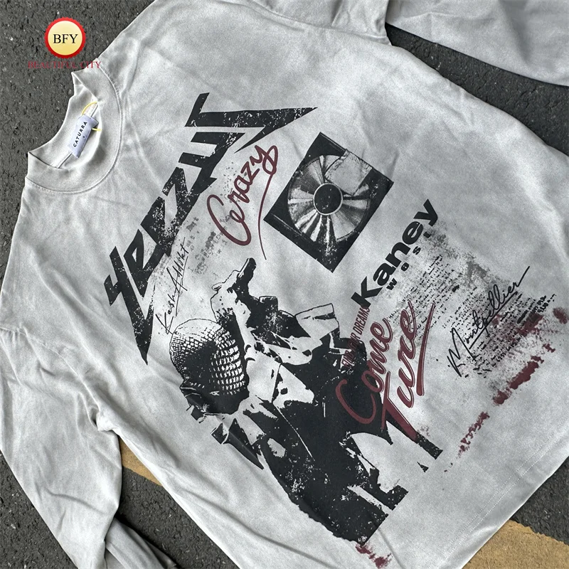 24ss High Quality Kanye Washed Destroyed Vintage Jet Color Graffiti Long Sleeve T-Shirt Mens Womens Autumn Winter Clothing