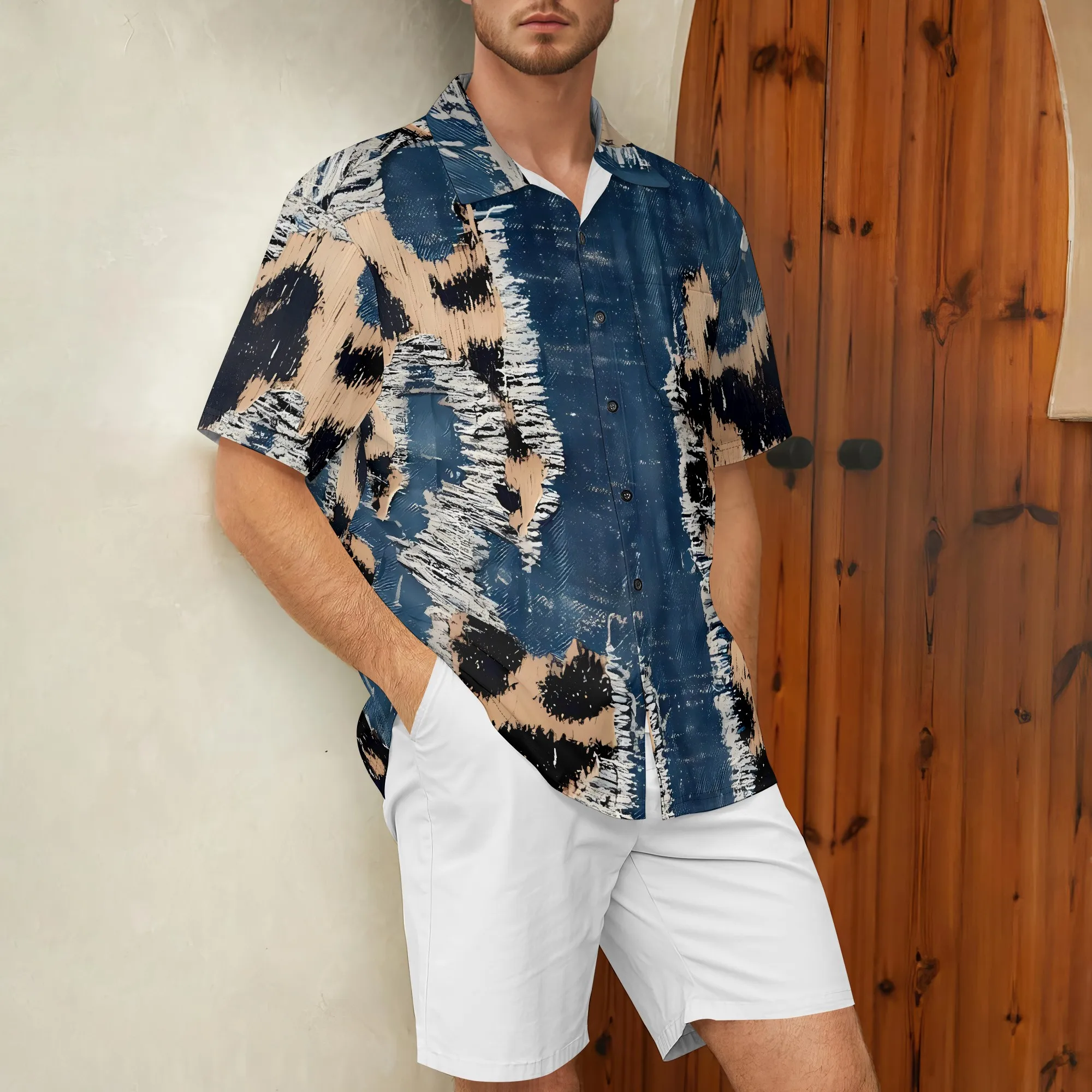 YEAE Blue Green Gradient Geometric Print Shirt for Men Summer Casual Short Sleeve Top