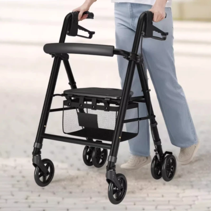 Carbon Steel Rollator Walker with Seat, 350 Lb.Weight, Height Adjustable, Rolling Walkers for Seniors, Elderly People's Handcart