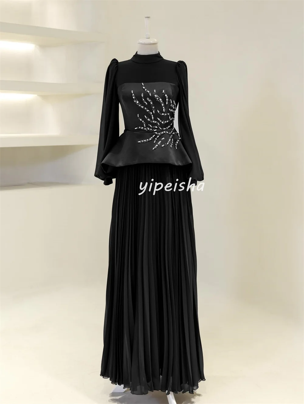 Customized High Quality Exquisite Chiffon Rhinestone Pleat Straight High Collar Long Dresses Bespoke Occasion Dresses Matching