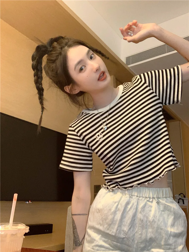 2025 neue Gestreiften Crop Top Frauen Koreanische Crew Neck Sommer Print Kurzarm Tops Dünne Beiläufige Einfache Alle-spiel frauen T Shirts – Detail 14