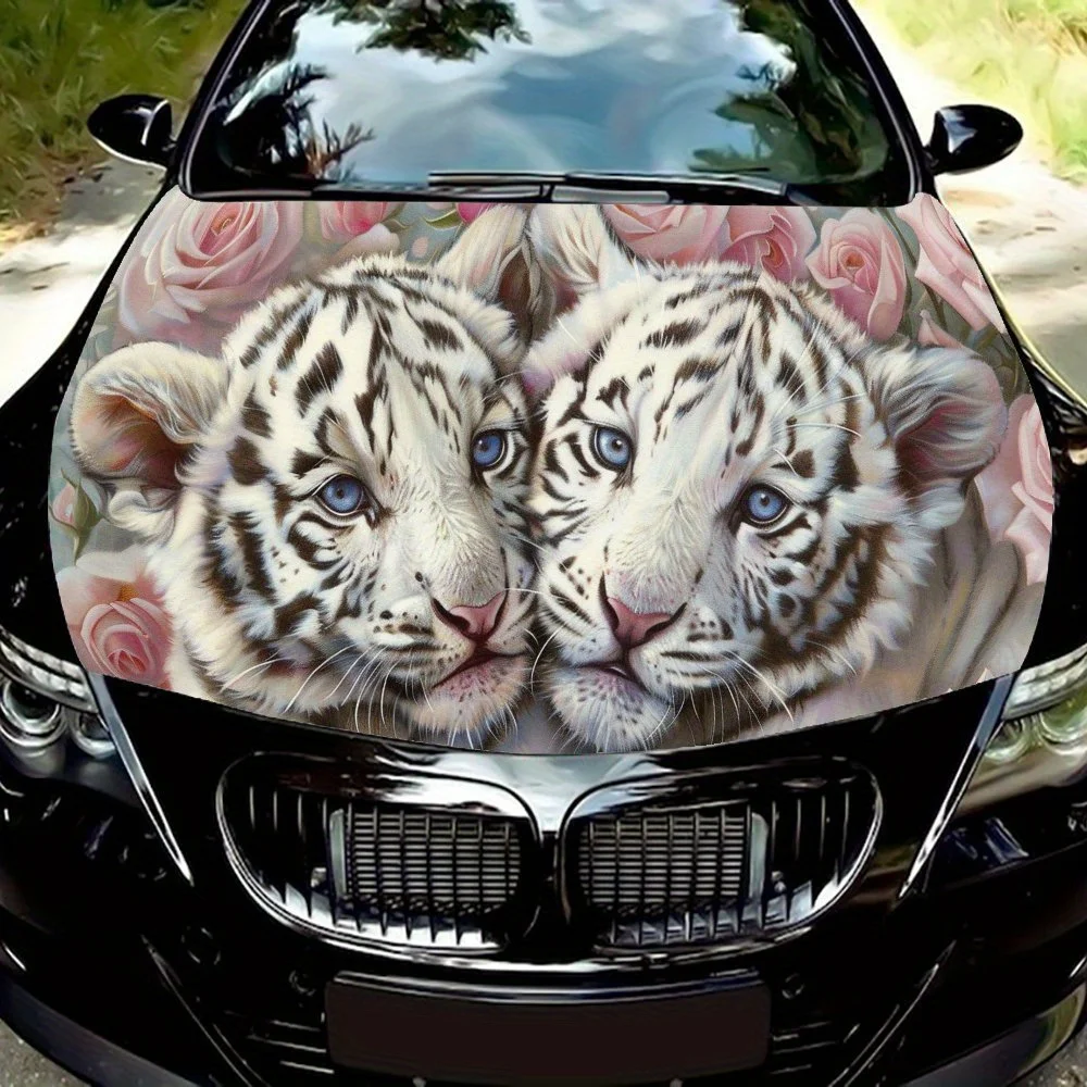 

Элегантная наклейка на капот автомобиля с изображением животных, белый тигр и розовая роза, внешняя защитная наклейка для автомобиля, виниловая водонепроницаемая самоклеящаяся наклейка для автомобиля Bo