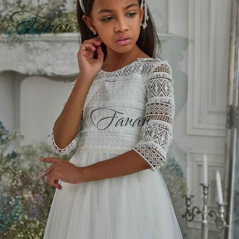 Customized Boho Long Sleeve Flower Girl Dress Floor Length Scoop Neck graduation party dresses A-Line Tulle Lace vestido infanti