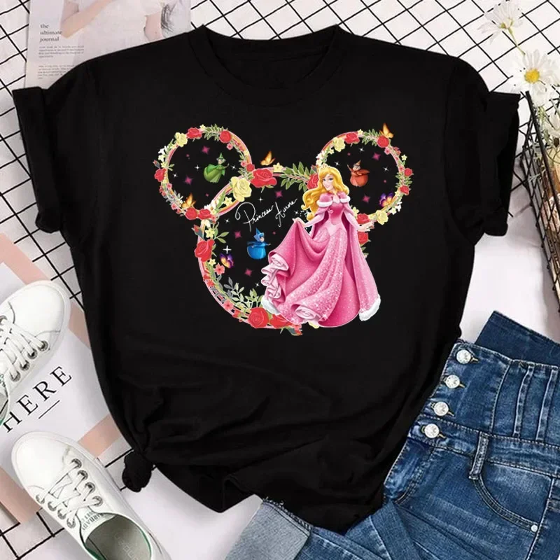 Camiseta de princesa sirena con cabeza de Mickey para mujer, Top de moda informal, camiseta de princesa linda, Camiseta de cuello redondo para mujer