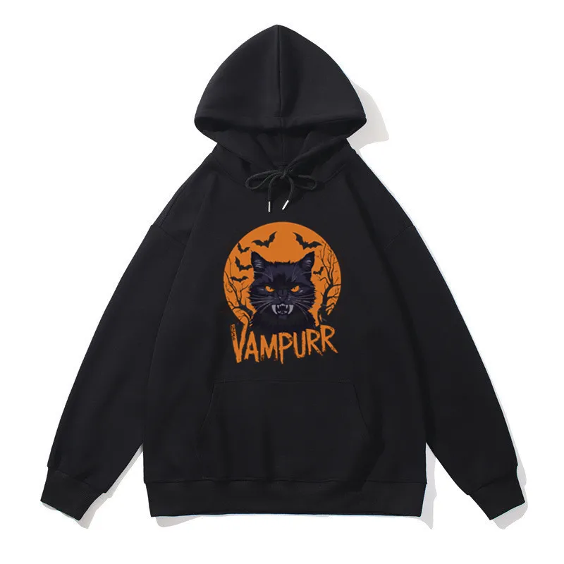 Male Streetwear Hoodies Comfortable Halloween Cat Art, Vampurr Vampire Cat Printing Sweatshirts Men Women Female Clothing Top