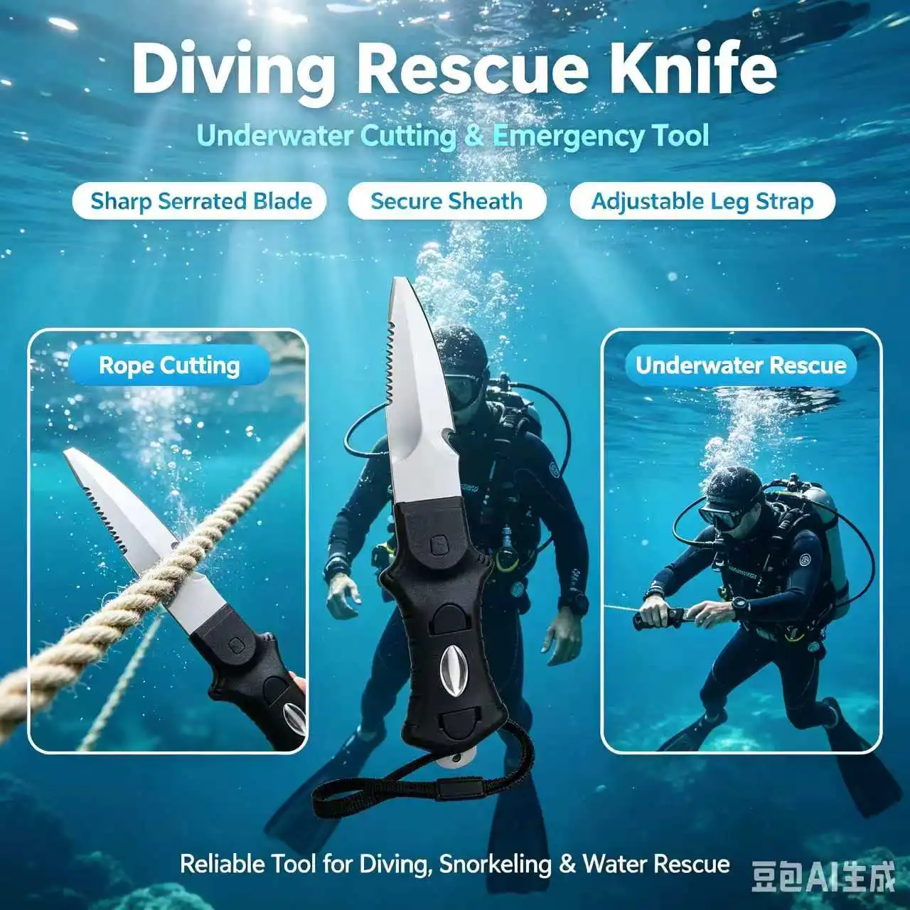 Dive Knife for Rescue, Stainless Steel Diving Tool with Line Cutter for Underwater & Survival view 2