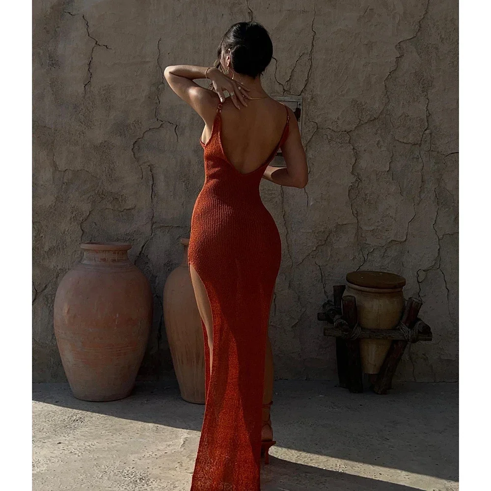 

2024 Kintted Cover Up Beach Sexy See Through Maxi Slit Bodycon Summer Dress Bikinis Cover-ups Backless Elegant Halter Beachdress