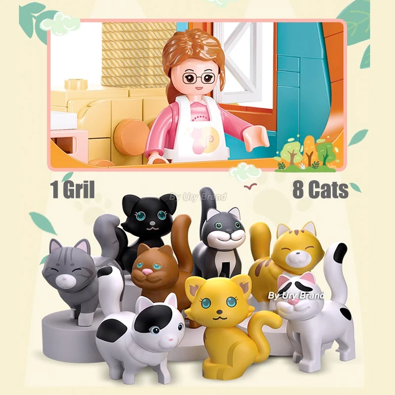 Sluban Friends City Cat Hotel Sets Girl A-Frame Pet House Apartment Garden Villa Sakura Tree Building Blocks Animal Toy Kid Gift