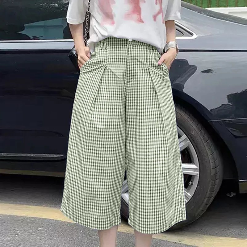 

INCERUN Men Plaid Shorts Button Joggers Summer Loose Casual Men Bottoms Streetwear Korean Style 2026 Fashion Wide Leg Shorts Men