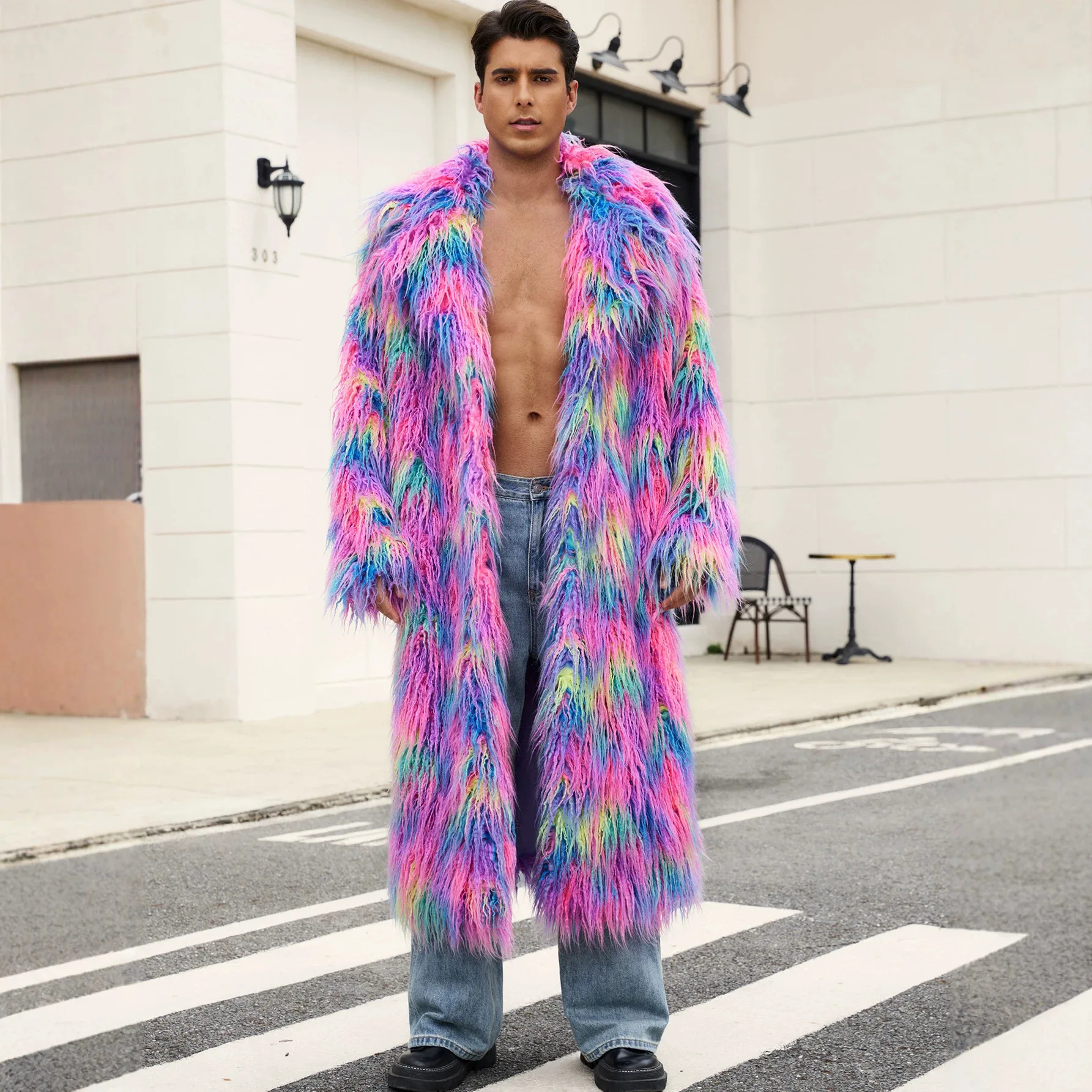 Long Jacket Men Mixed Faux Fur Jackets Turn Down Collar Thick Warm Coat Y2k Streetwear Work Outerwear Full Sleeve Autumn Winter