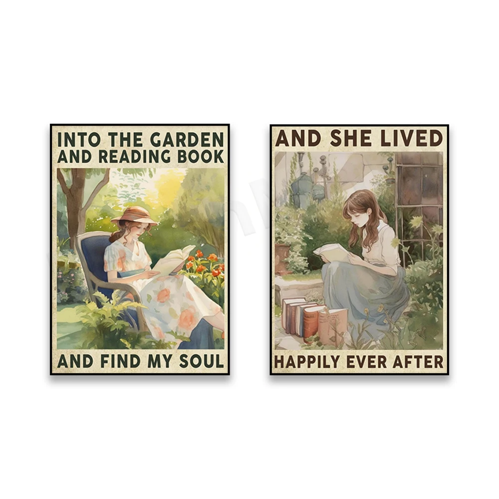 Reading Books Gardening And She Lives Happily Ever After Vintage Poster, Love Gardening Reading Poster, Librarian Gardener Poste