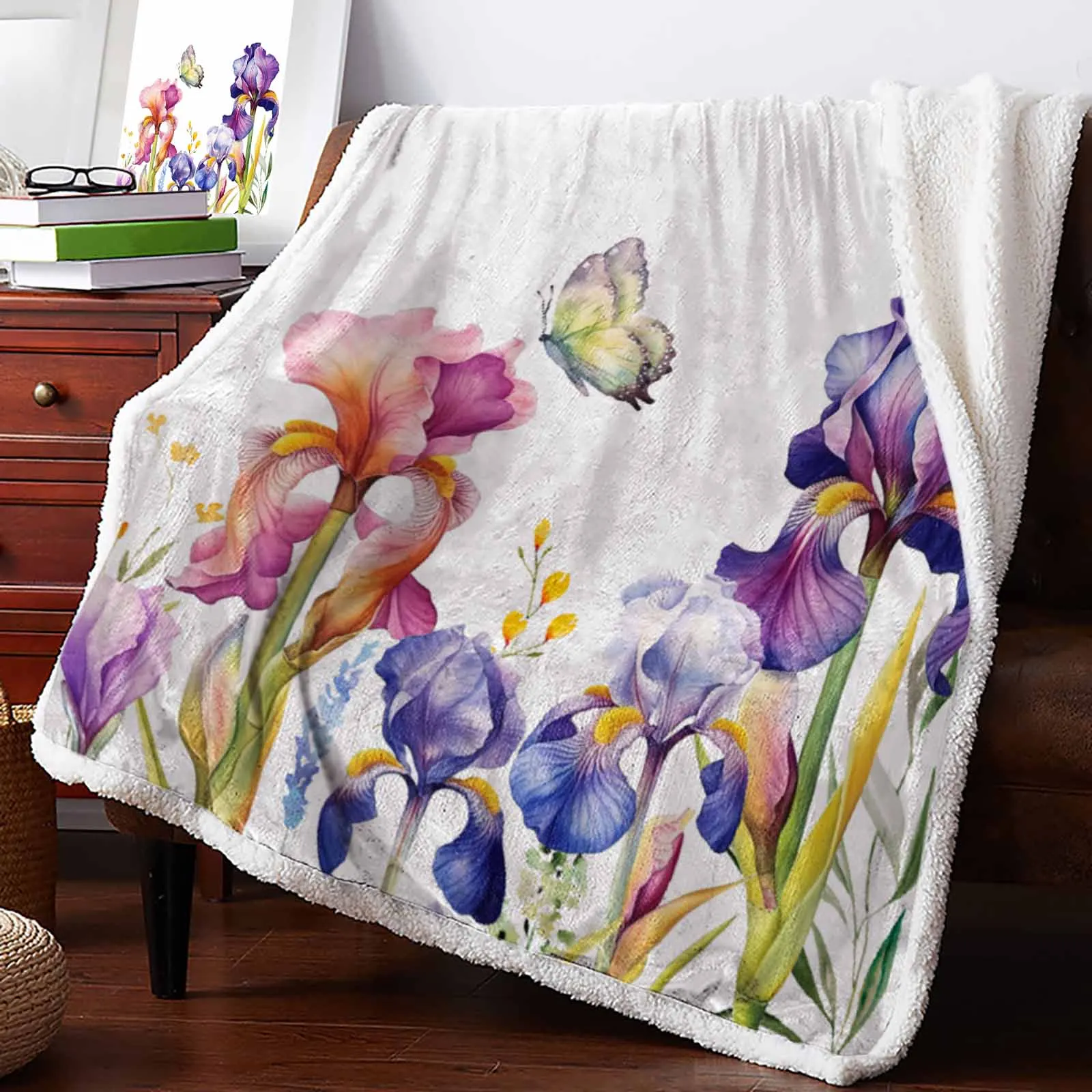 

Iris Flower Summer Plant Butterfly Cashmere Blanket Winter Warm Soft Throw Blankets for Beds Sofa Wool Blanket Bedspread