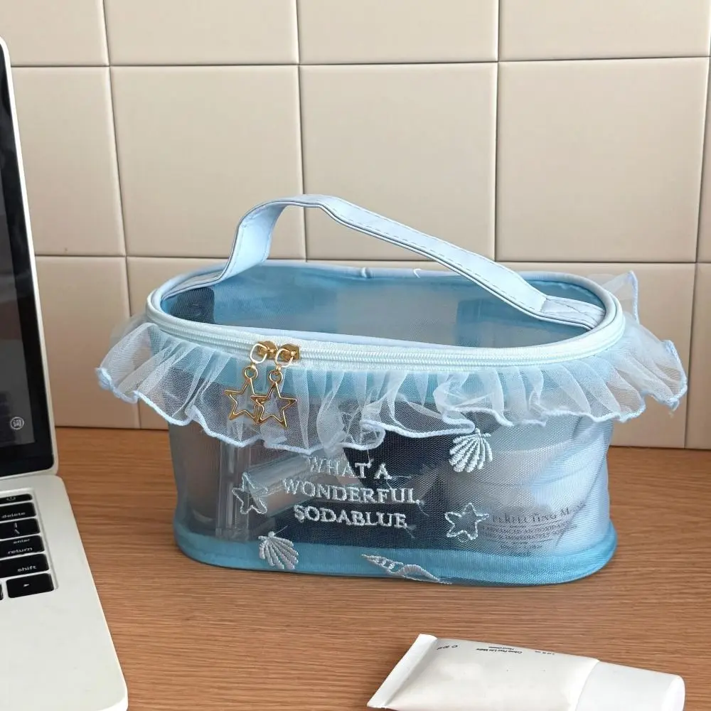 Oxford Cloth Blue Mesh Embroidered Makeup Bag Embroidery Gauze Toiletry Organizer Bag Ruffle Edge Multifunctional
