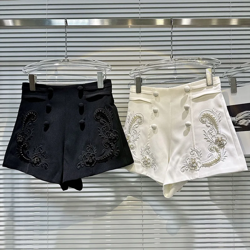 2025 Summer New Restoration Style Pearl Nail Embroidered Pattern Temperament Socialite Elegant Niche Shorts for Women