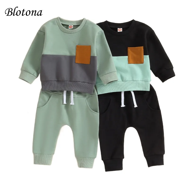 Blotona Toddler Baby Boys 2Pcs Pants Sets Long Sleeve Contrast Color Sweatshirt Tops and Drawstring Pants Sets 0-3Years