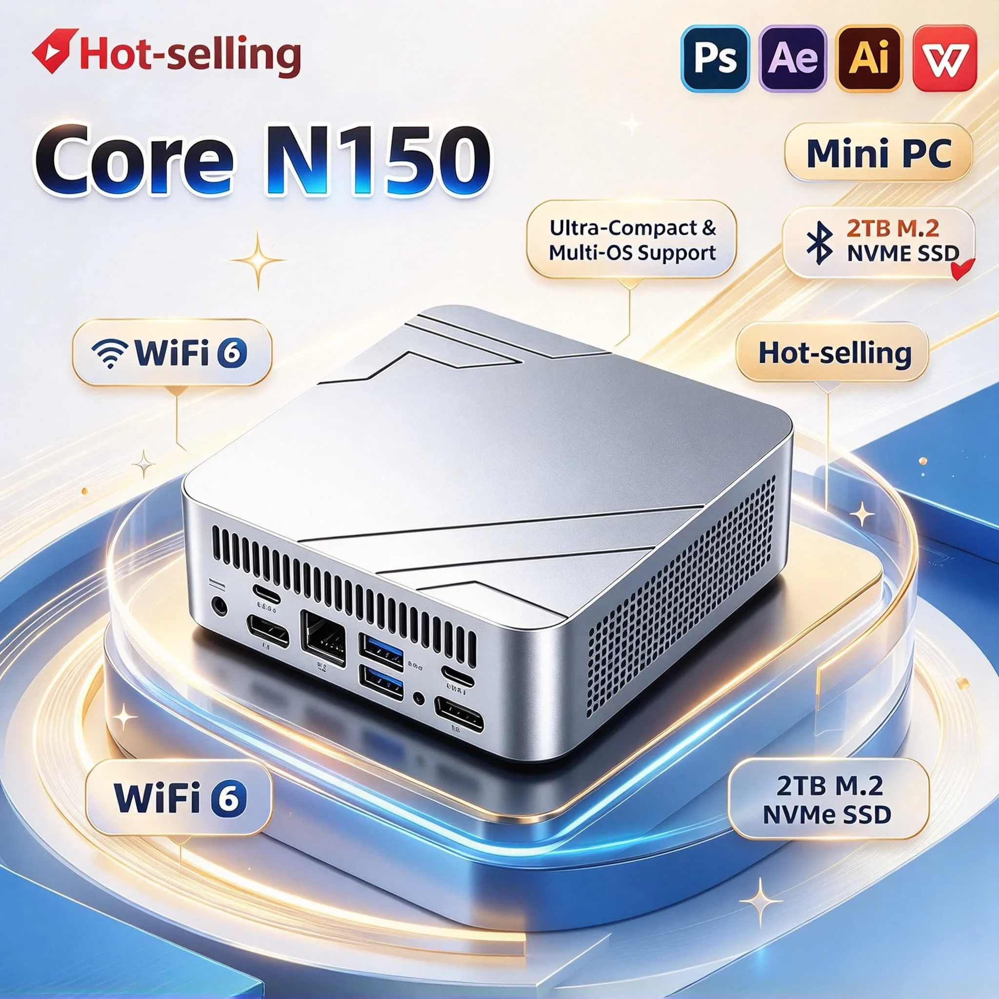 Pro Ultra Fast Max System Intel N150 Mini PC 16GB M.2 NVMe SSD Triple 4K Output WiFi6 Silent Cooling Office Home Desktop
