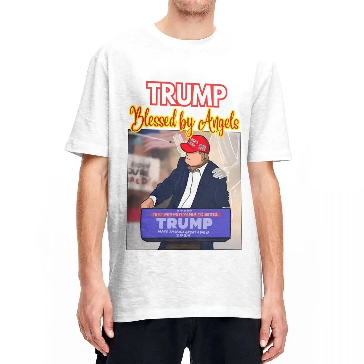 Funny Trump Blessed By Angels T-Shirt Men's Round Neck Short Sleeve Clothes Trump Shooting 2024 Cotton Summer Tops Shirts