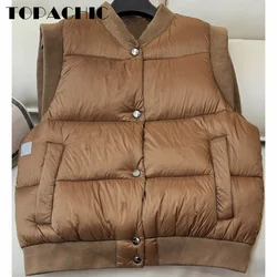 8.31 TOPACHIC-Women New All-matches Ribbed Stand Collar Spliced Goose Down Vest Single Breasted Straight Short Vest Outerwear