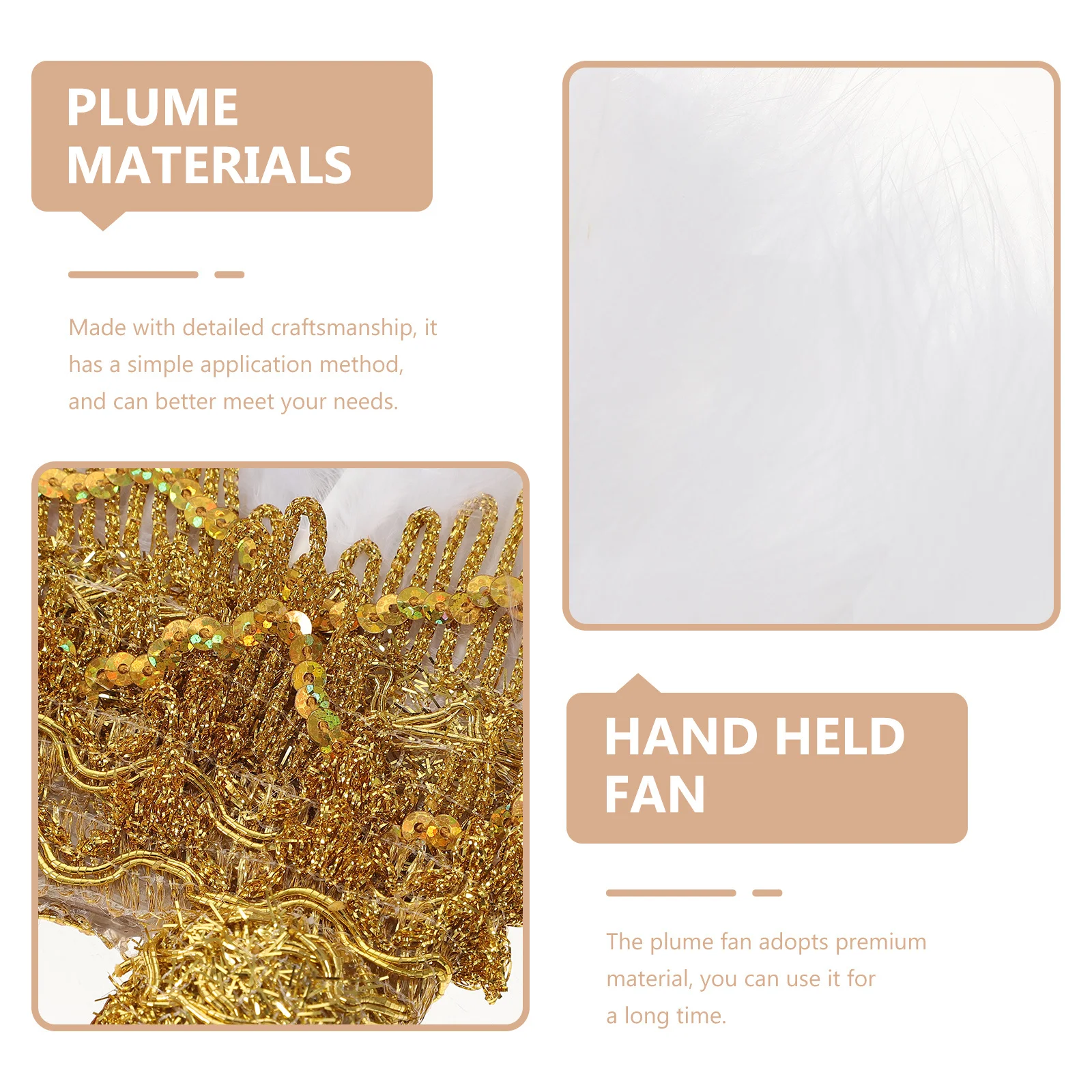 

Hand Held Gold Lace Plume Fan Delicate Handmade Bride Wedding Party Performance Decorative Hand Fan Wedding Prop