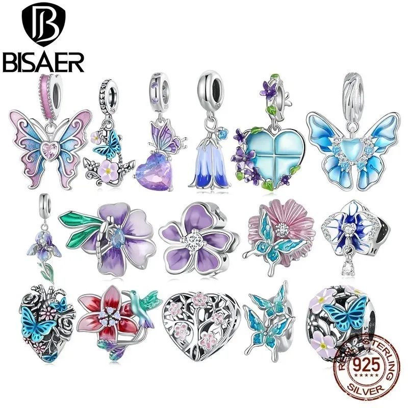 BISAER 925 Sterling Silver Butterfly&Flower Charm Bead Purple Animal Pendant Plated Platinum Fit Elegant Girl Bracelet Jewelry