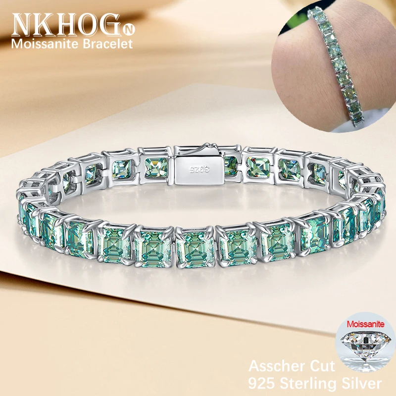 

NKHOG Full Asscher Cut Moissanite Tennis Bracelet Blue-Green Women Men 925 Sterling Silver Wedding Bangles Gift Fine Jewelry GRA