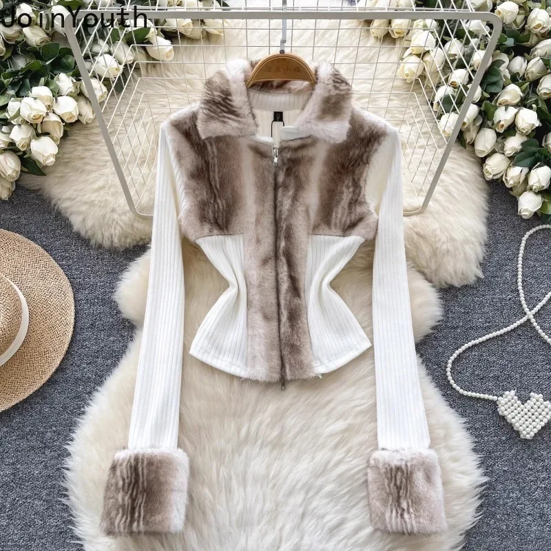 Koreaanse Sueter Mujer Cropped Vest Jas Patchwork Harige Contrast Kleur Pull Femme Rits Gebreide Trui Tops Herfst Winter Kleding