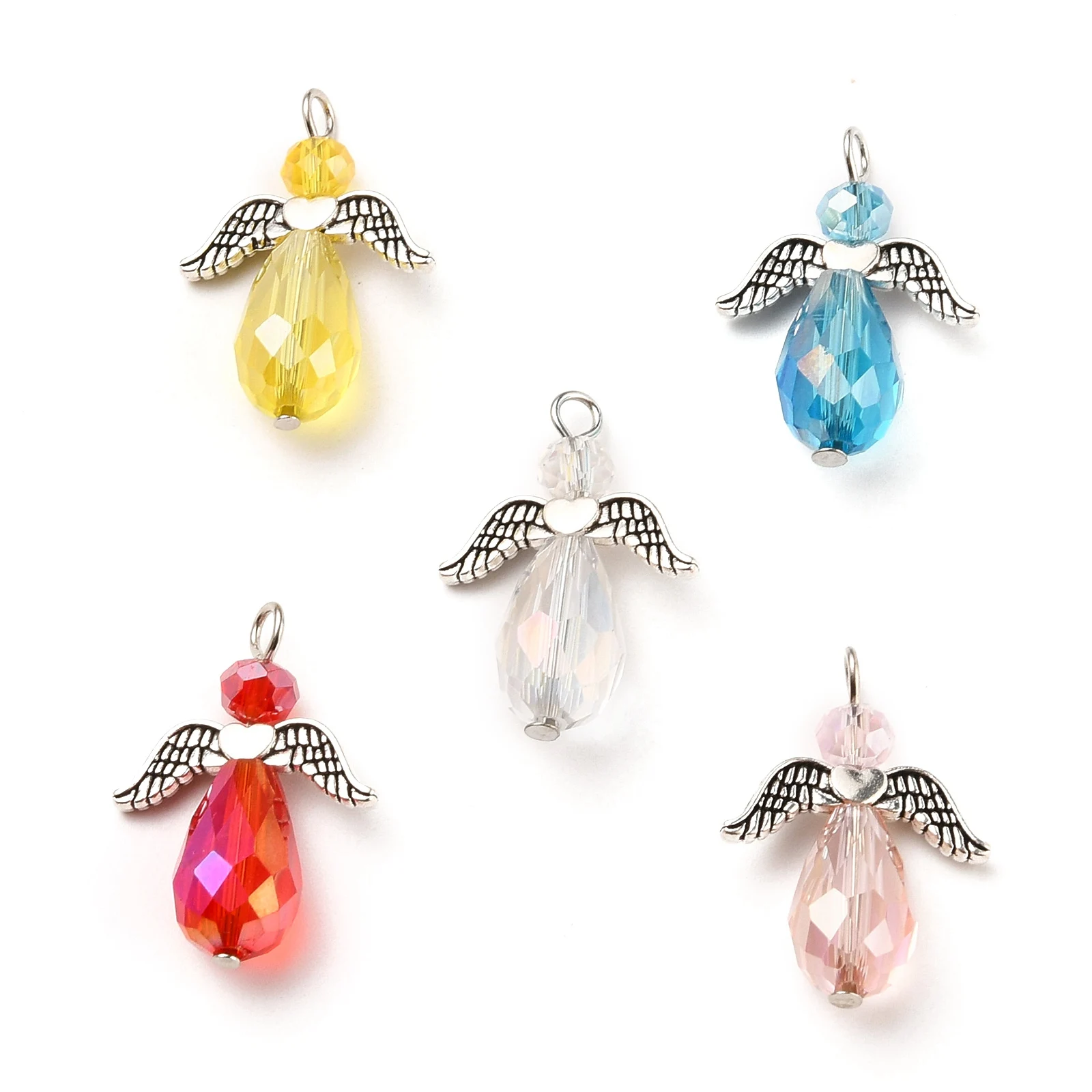 100pcs Electroplate Angel Fairy Glass Charms Pendants with Alloy Wing and Iron Findings for Necklace Jewelry Making 27~29mm long