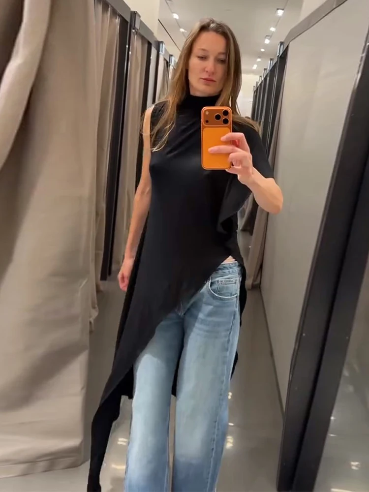 Sexy Asymmetrisches Langes Oberteil für Damen Schwarz Ärmellos O-Ausschnitt Seitenschlitz Schlankes Damen-Top 2026 Sommer Mode Damen Streetwear Shirt
