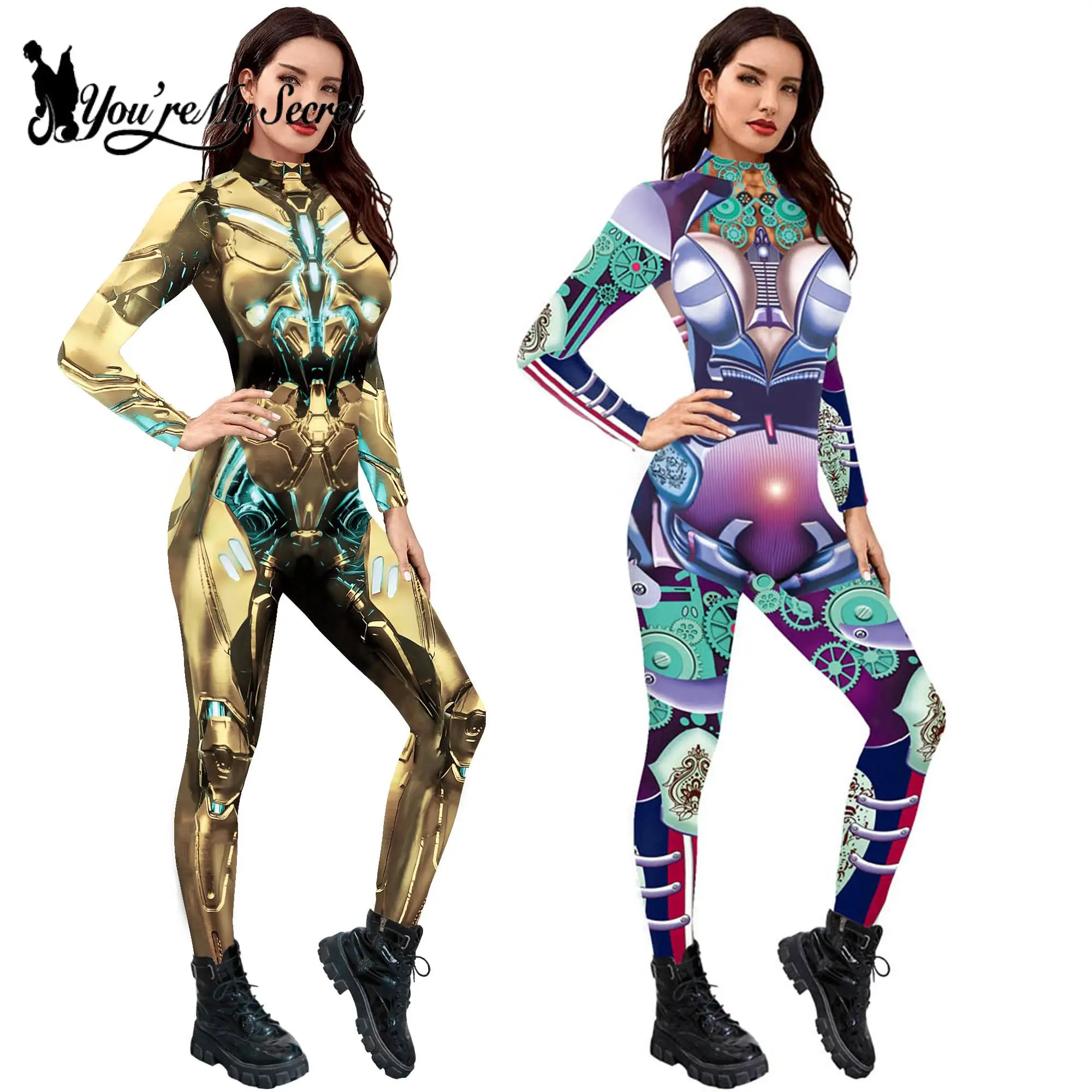 

[You're My Secret] Women's Cyberpunk Mechanica Cosplay Zipper Bodysuit Print Robot Punk Halloween Carnival Party Cosplay Costume