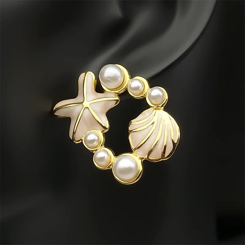 موضة شل نجم البحر وأقراط للنساء الذهب اللون الفولاذ المقاوم للصدأ تقليد اللؤلؤ الصيف الشاطئ هوب أقراط مجوهرات #4