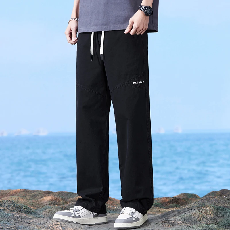 

Summer Autumn Cotton Casual Cargo Pants Thin Straight Tube Loose Wide-leg Leisure Trousers Men