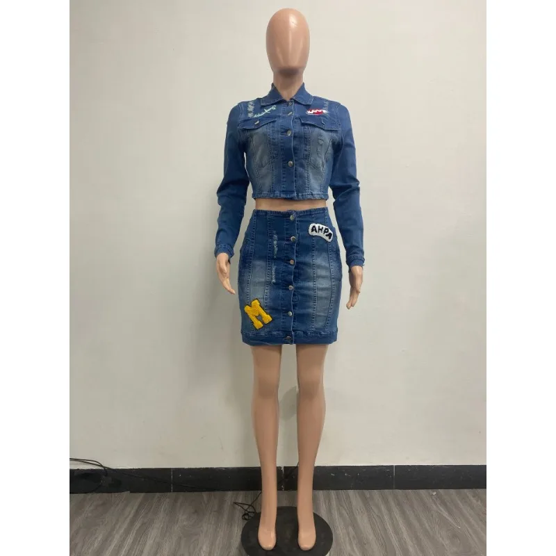 女性用刺denimデニムセット,ハイウエストジーンズ,スカート,お揃いのセット,ストリートウェア,クラブウェア,夏,2024