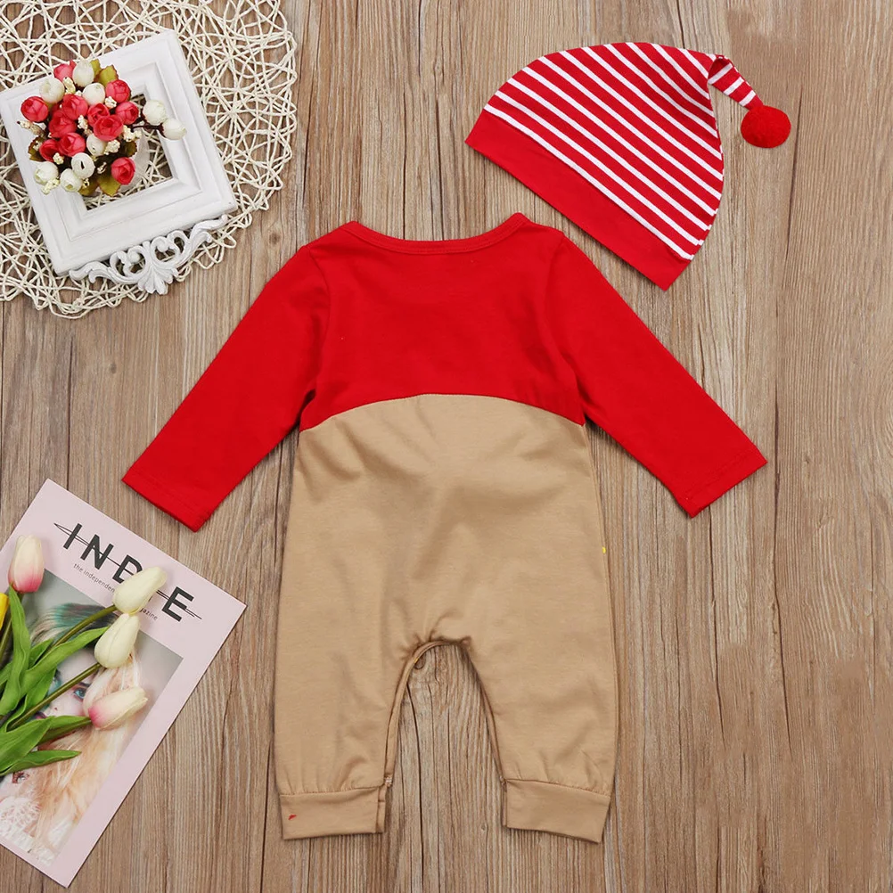 Newborn Baby Boys Girls Christmas Long Sleeve Red Nose Cartoon Reindeer Pajama Jumpsuit Stripe Hat Bodysuit Set Suitable for 12-