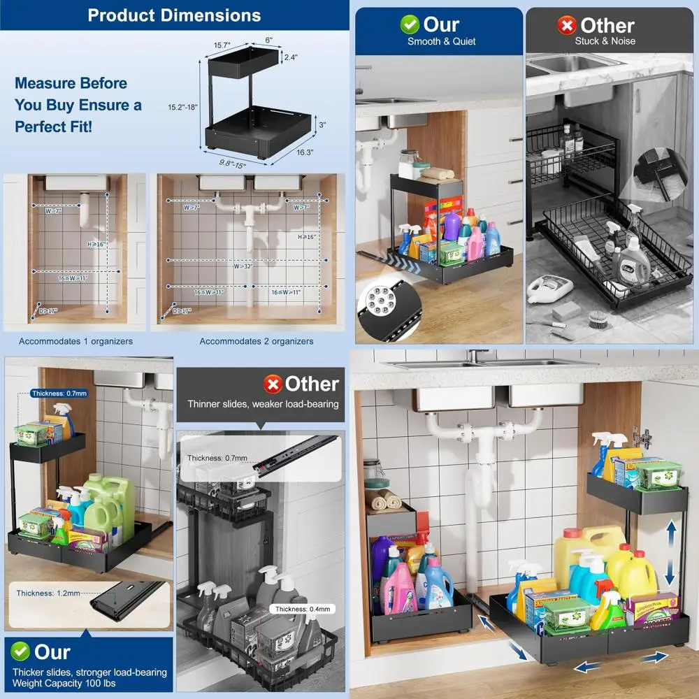 

Expandable 2-Tier Pull-Out Under-Sink Organizer, Adjustable Width 9.8-15, Height, for Kitchen, Bathroom, Laundry, Pantry (Black)