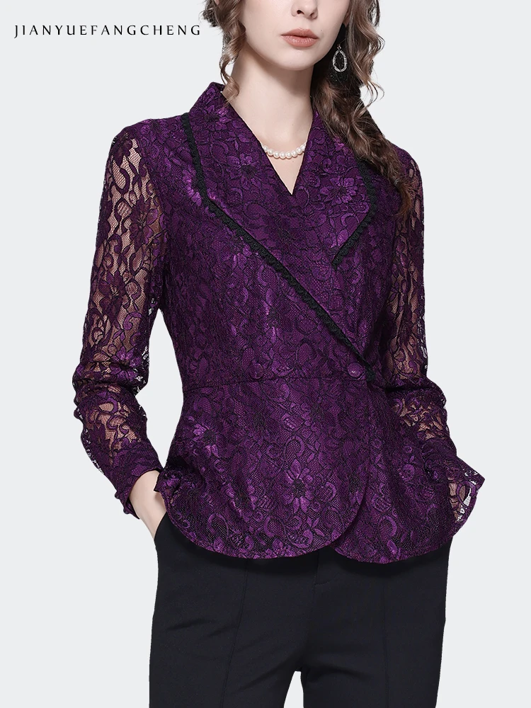 Vintage Hollow Out Women Purple Lace Top 2023 Autumn New Long Sleeve Suit Collar Shirts Ladies Working Casual Blouses With Belt