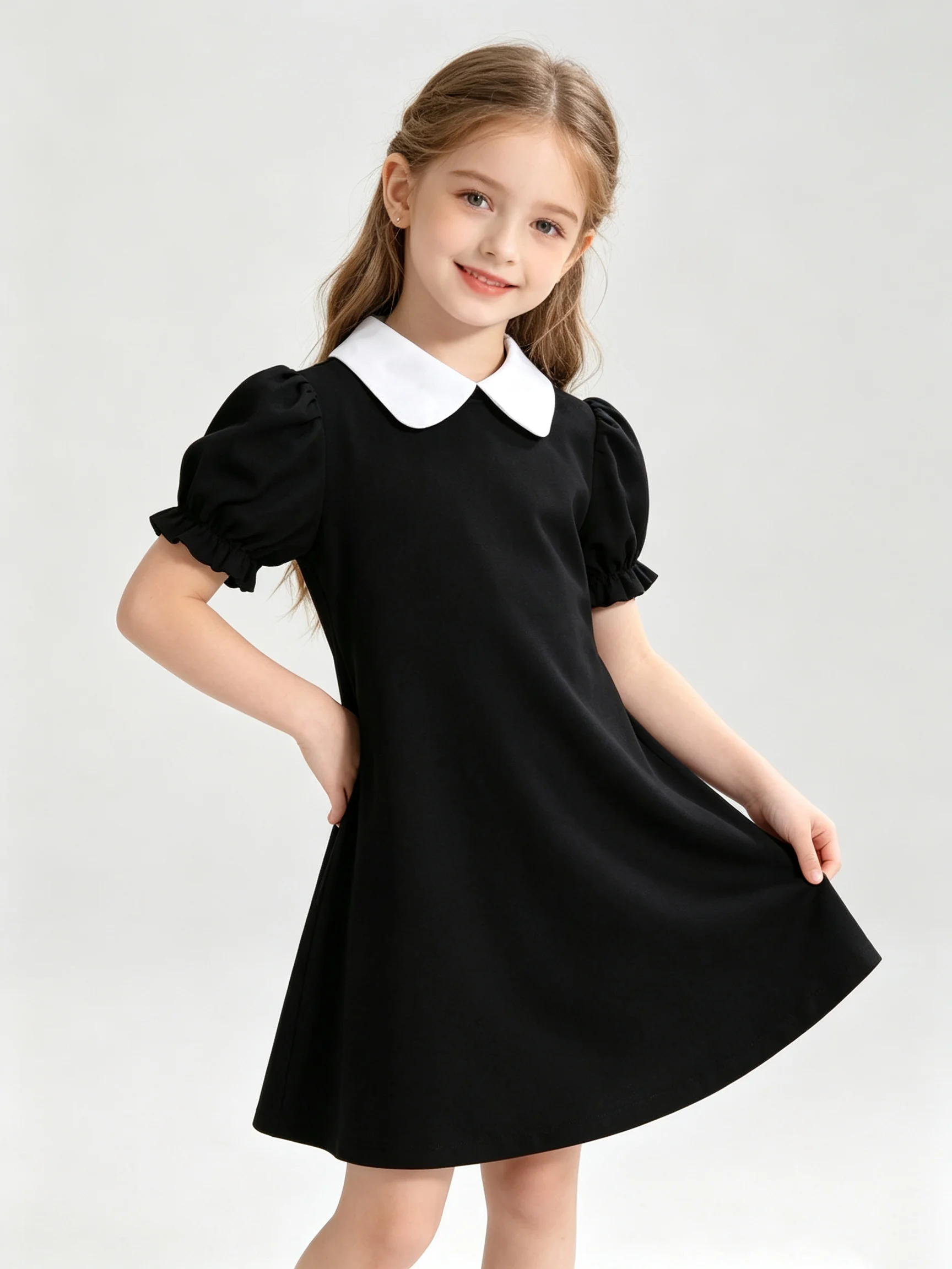 Girls' Princess Style Dress Peter Pan Collar Bubble Sleeve Ruffled A-Line Casual School Party Dress