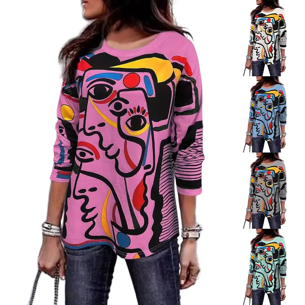 

Women Casual Tops Fashion Long Sleeve Pullover Tops Party Looks Top Female Streetwear Daily O Neck Long Sleeve Printed Top