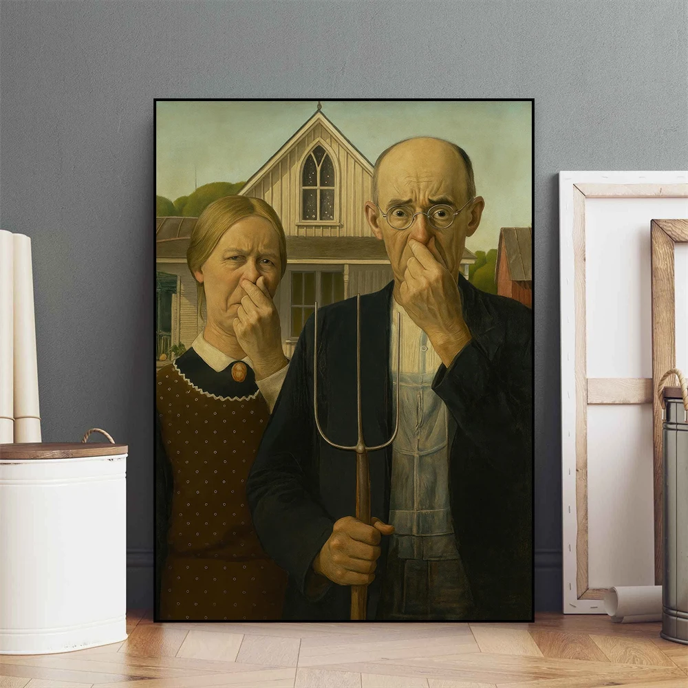Funny Bathroom Canvas Painting Girl with a Pearl Earring Pinching Her Nose Prints Toilet Humor Wall Art Poster Vintage Decor