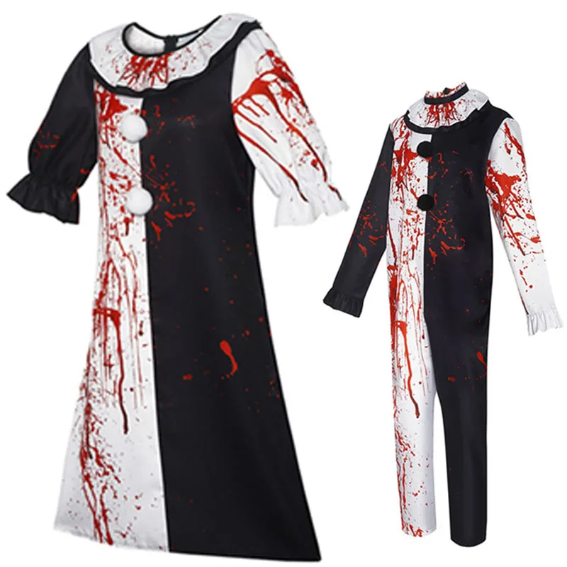 2026 Halloween Horror Bloody Clown Dress Women Black White Blood Print Cosplay Costume for Carnival Party Fancy Dress Up Outfits