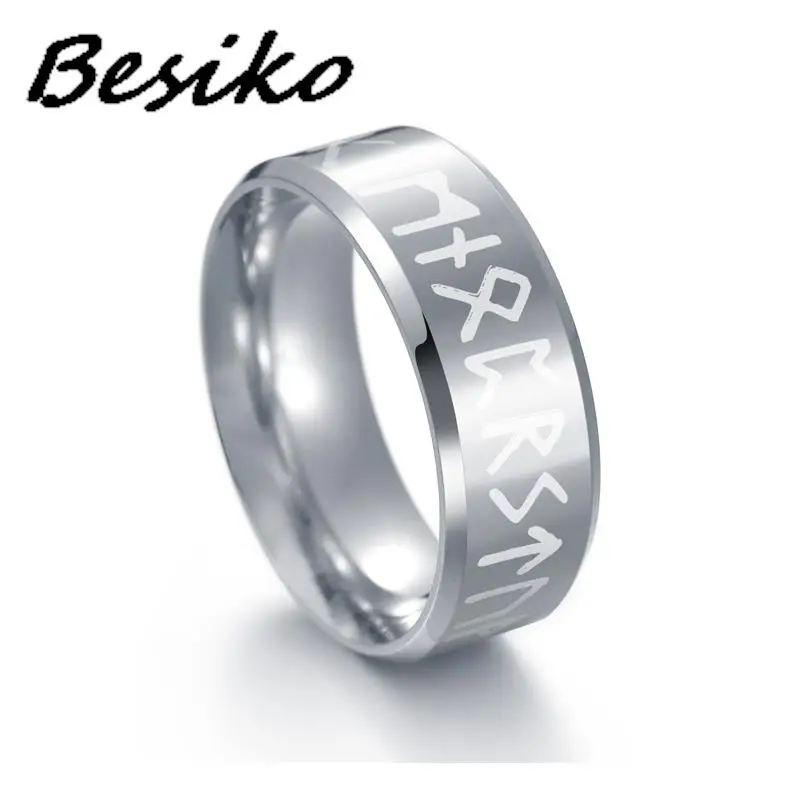 Besiko New Fashion Style Man Ring Stainless Steel MEN Double Letter Rune Words Odin Norse Viking Amulet RETRO Rings Jewelry